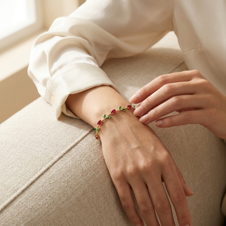 Tulip Bracelet – Ruby Red & Emerald Green (Gold)