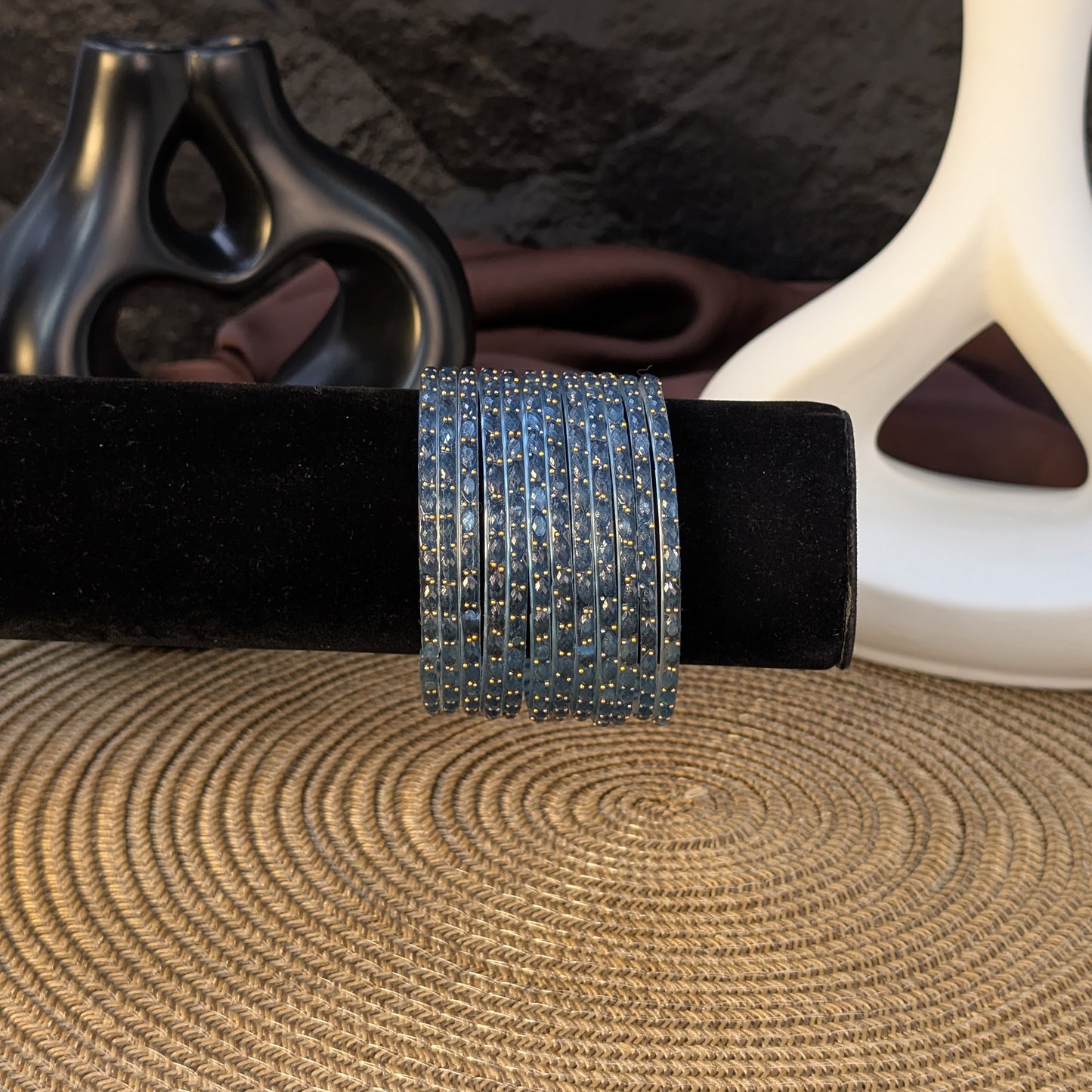 STEEL BLUE RAIN DROP GLASS BANGLES