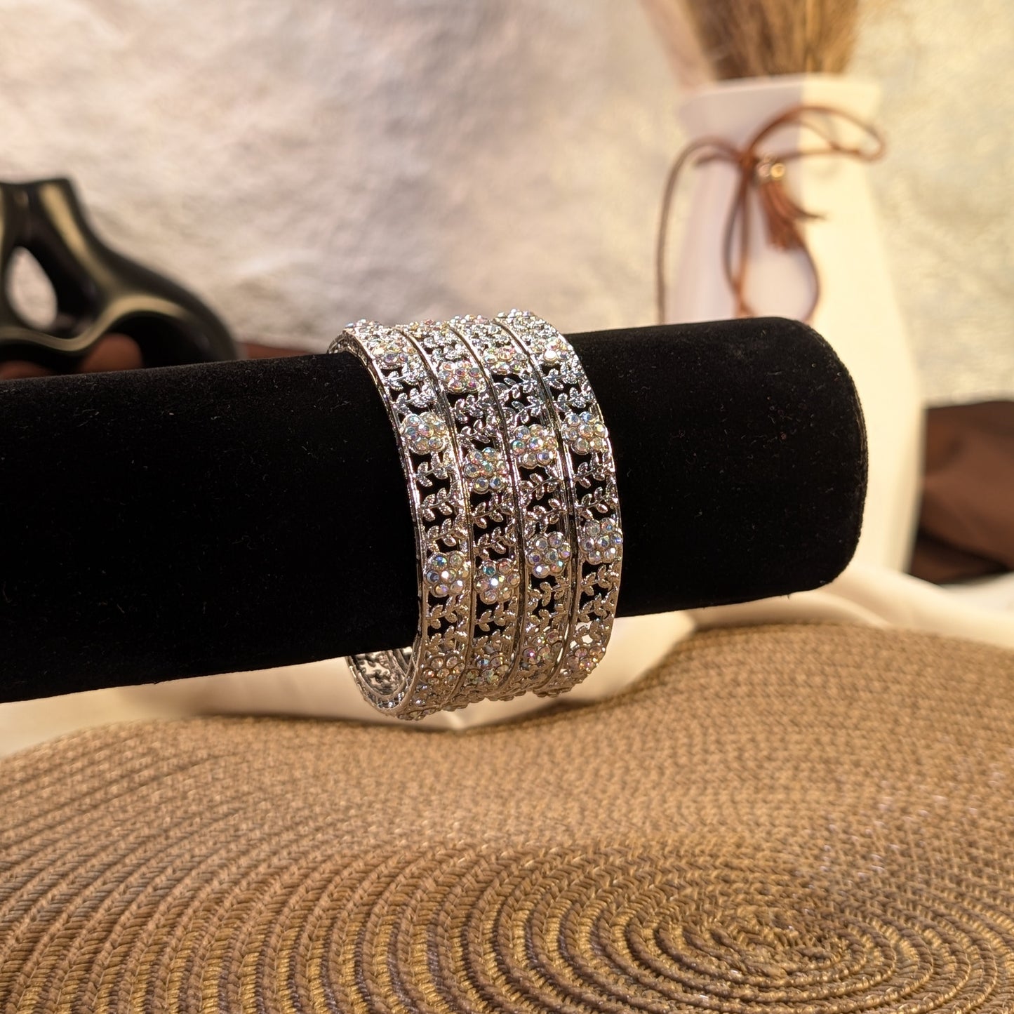 Sparkling floral silver indian bangles