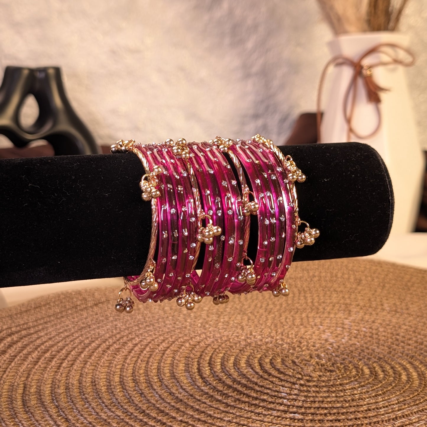 Magenta crystal glass kashmiri bangles