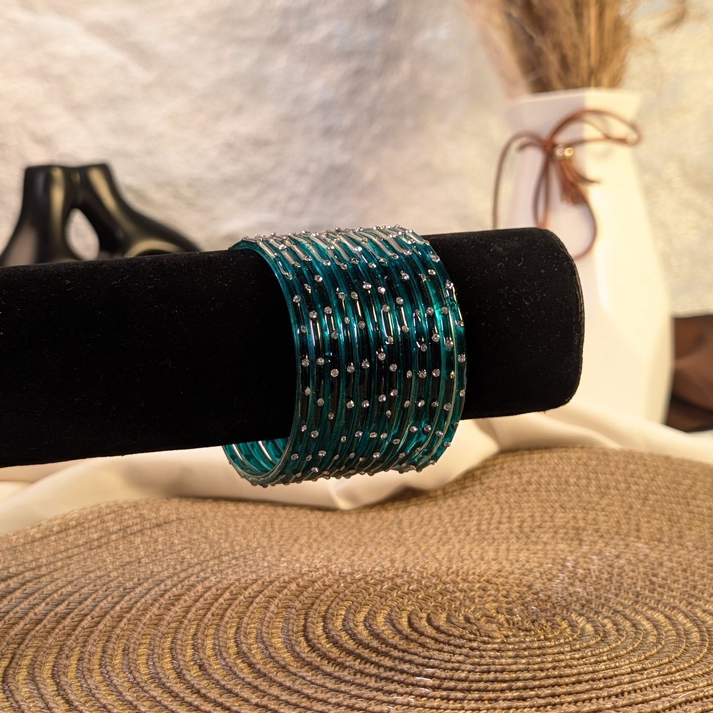 teal crystal glass bangles