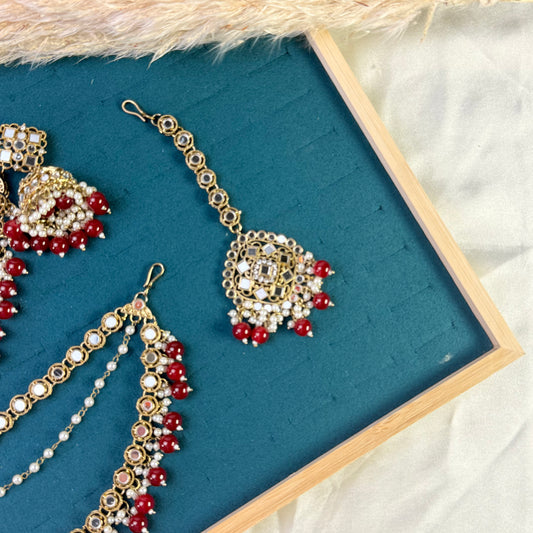 Ruby maroon triple chain Tikka Sahara Kundan Earrings