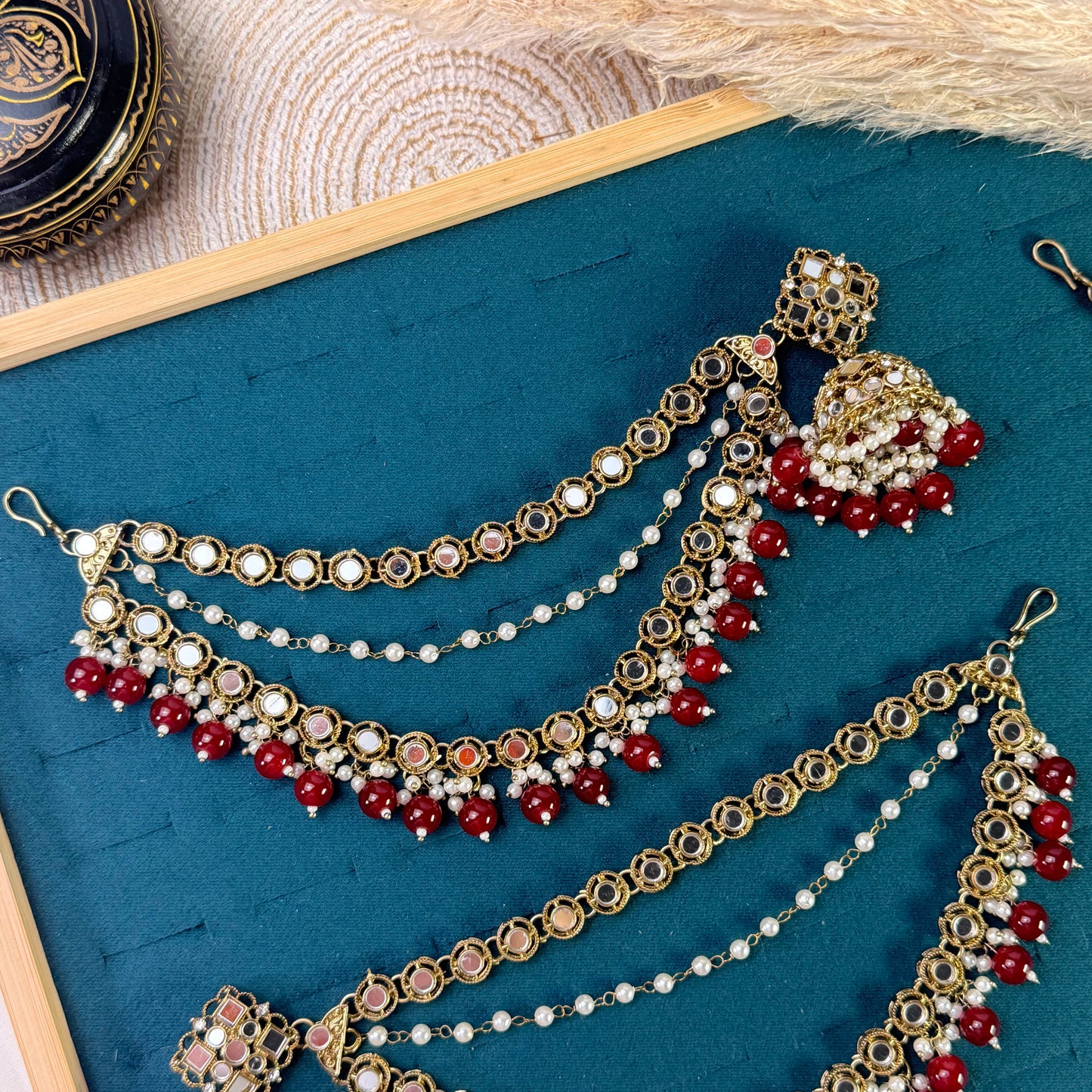 Ruby maroon triple chain Tikka Sahara Kundan Earrings