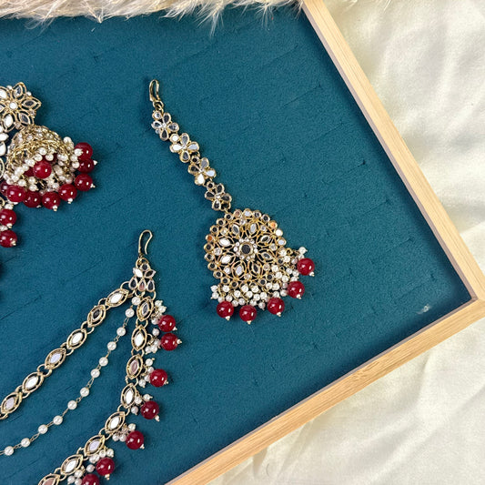 Circular mirror pearl Tikka Sahara Kundan Earrings