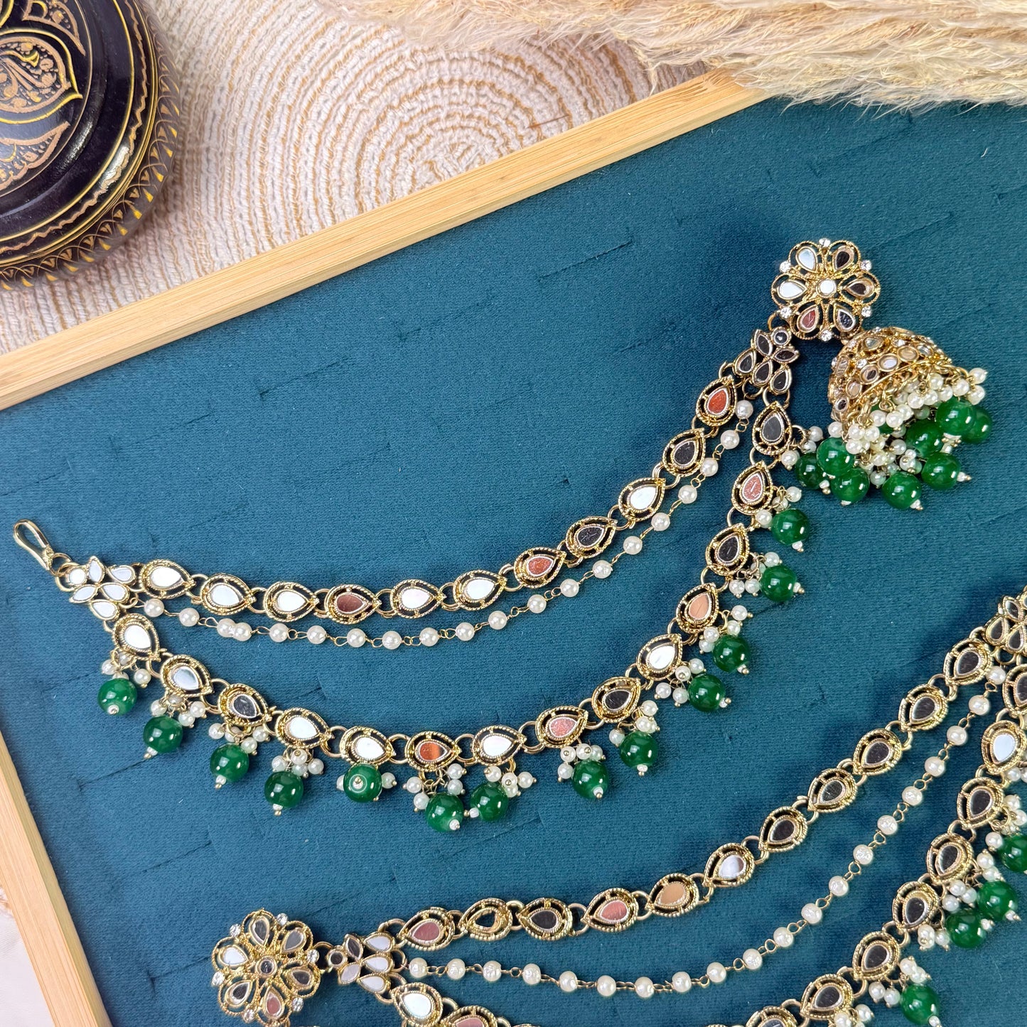 Teardrop emerald Tikka Sahara Kundan Earrings
