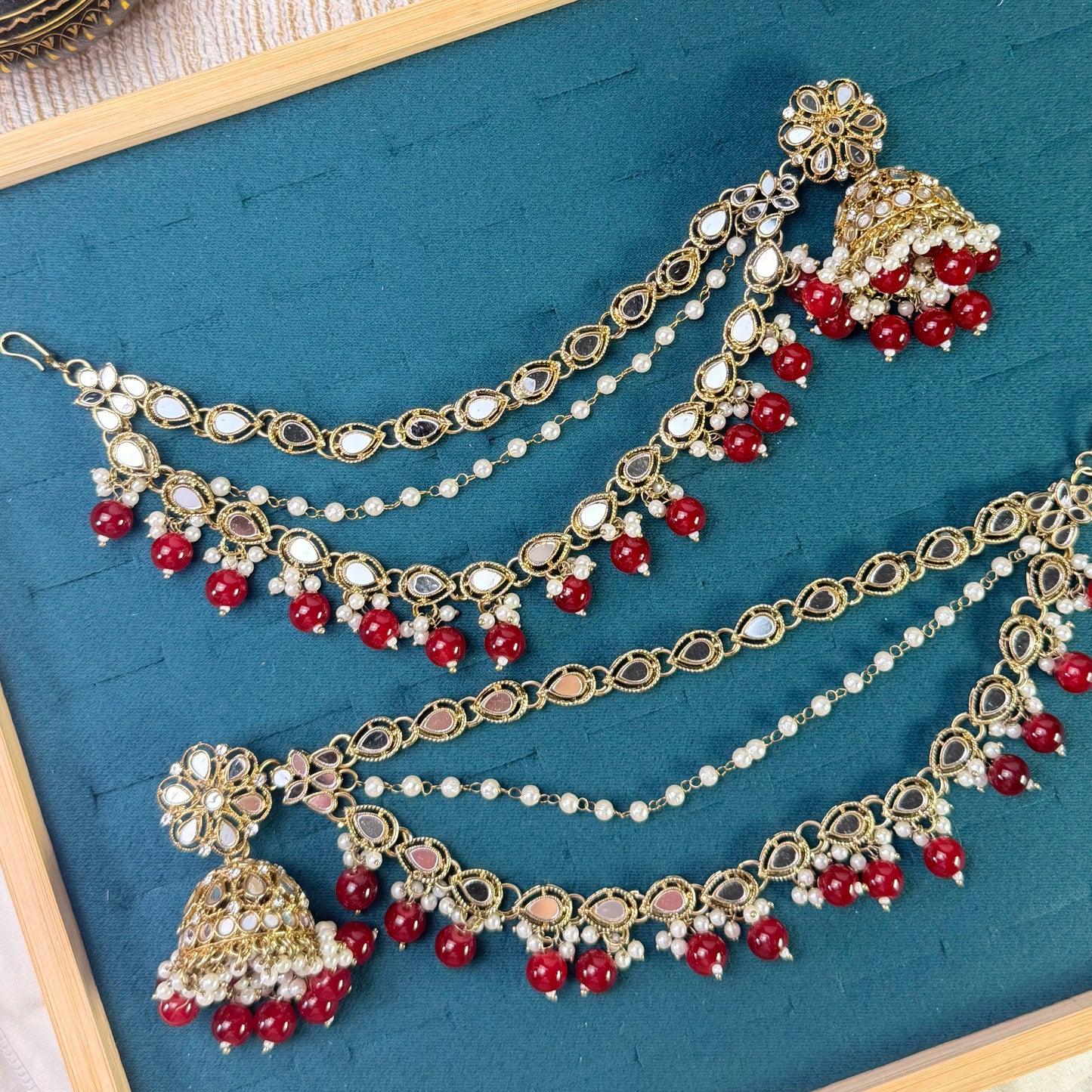 Teardrop maroon Tikka Sahara Kundan Earrings