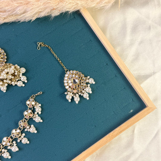 Classic white jhumka Tikka Sahara Kundan Earrings