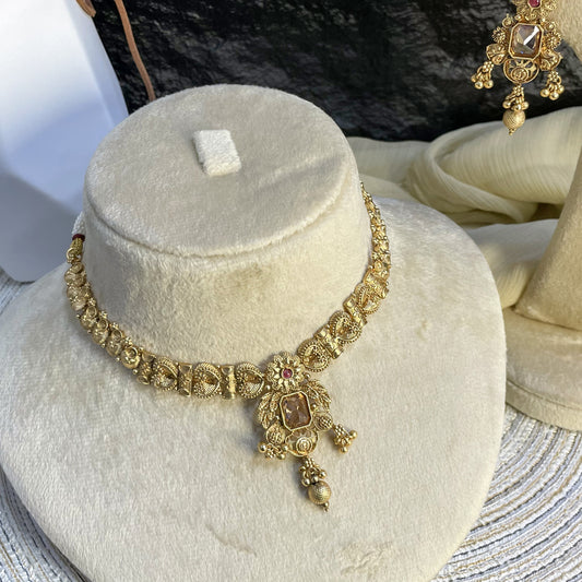 VINTAGE RAJWARI SQUARE POLKI NECKLACE SET