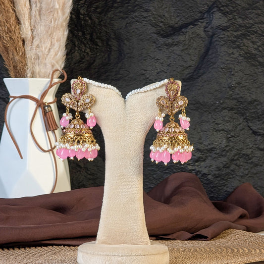 Rose Pink Kundan Jhumka Earrings