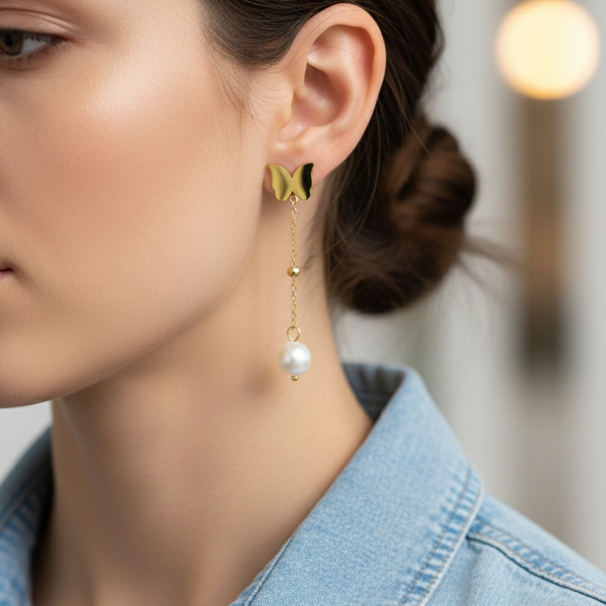 GOLDEN PEARL BUTTERFLY DROPS STUDS