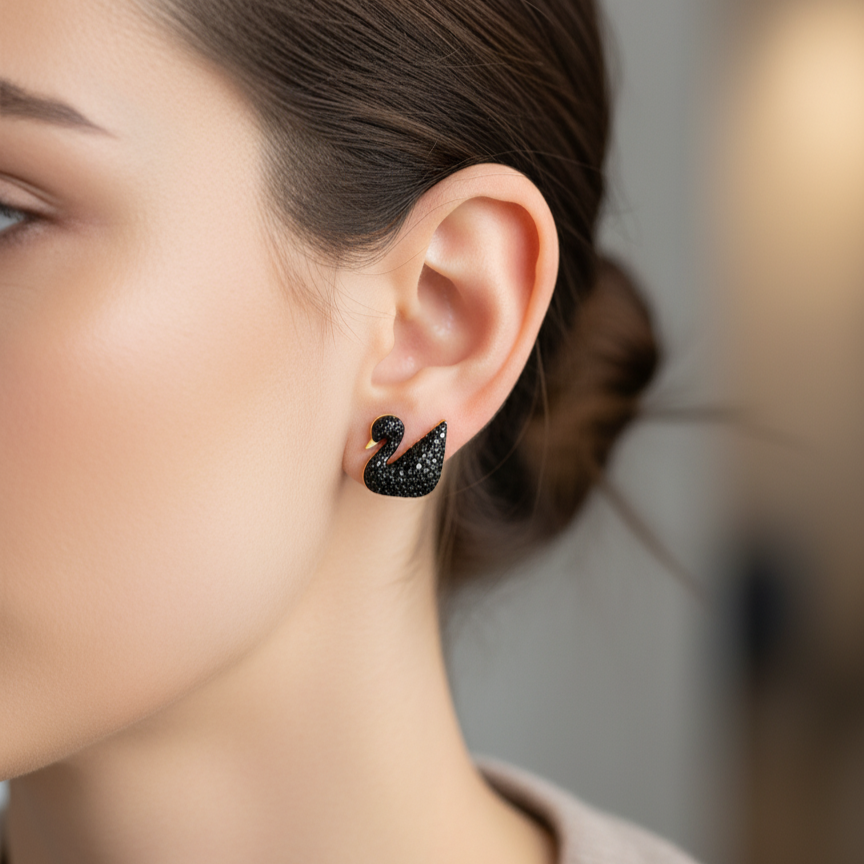BLACK CRYSTAL SWAN STUDS