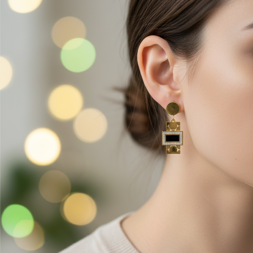 BLACK LONG DANGLE STUDS