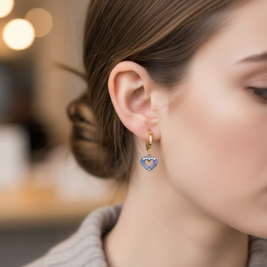 BLUE HEART CHARM HUGGIE STUDS
