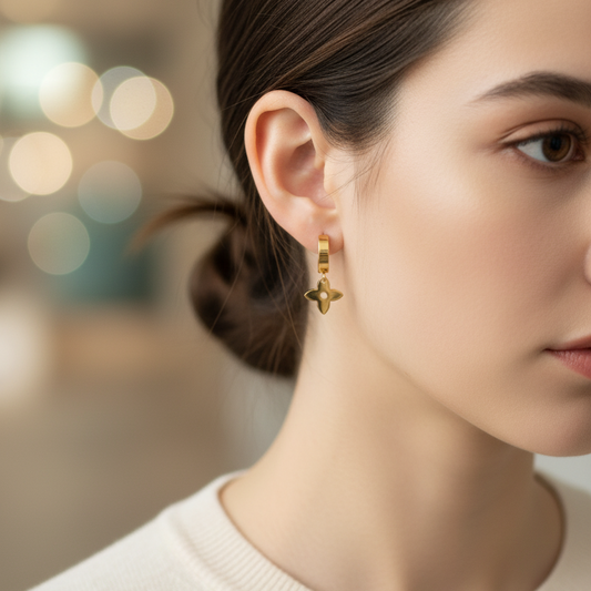 GOLD FLEUR HUGGIE DROPS STUDS