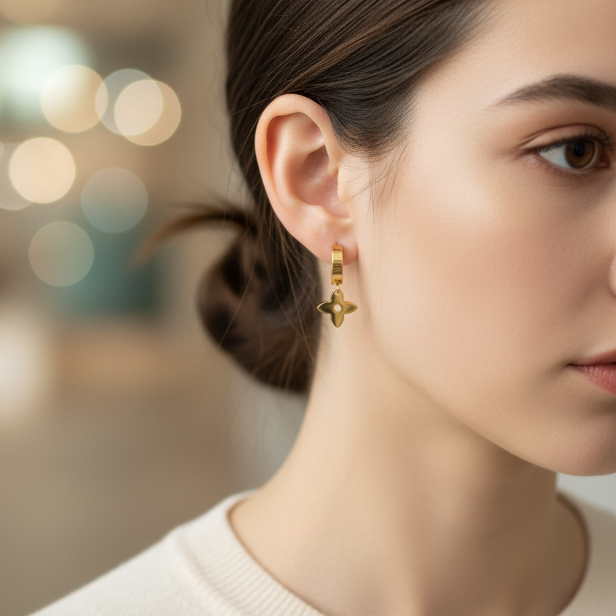 GOLD FLEUR HUGGIE DROPS STUDS