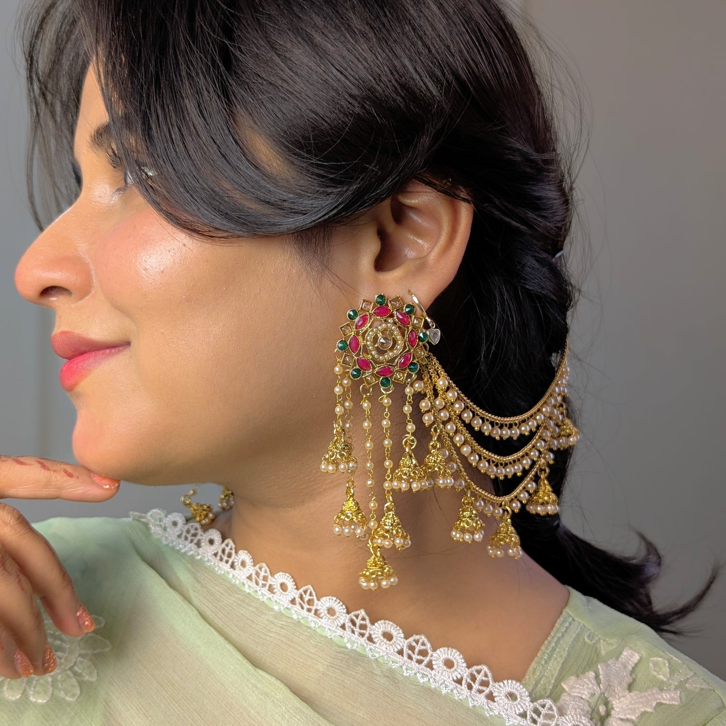 Ruby green floral polki sahara copper earring