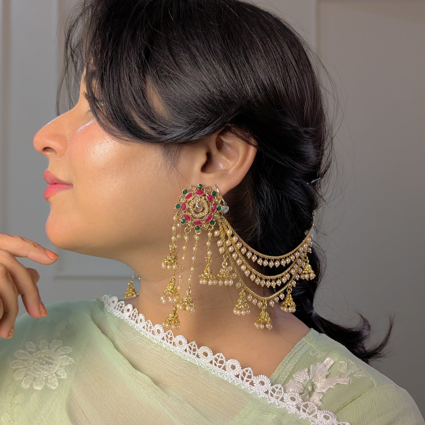 Ruby green floral polki sahara copper earring