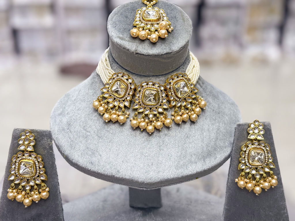 THREE-CROWN KUNDAN BEADED EMPRESS NECKLACE SET