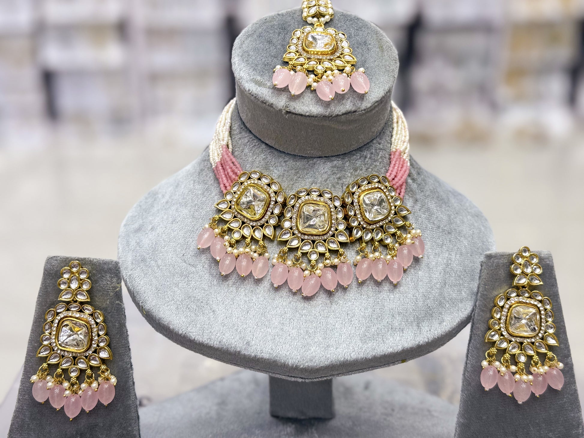 THREE-CROWN KUNDAN BEADED EMPRESS NECKLACE SET