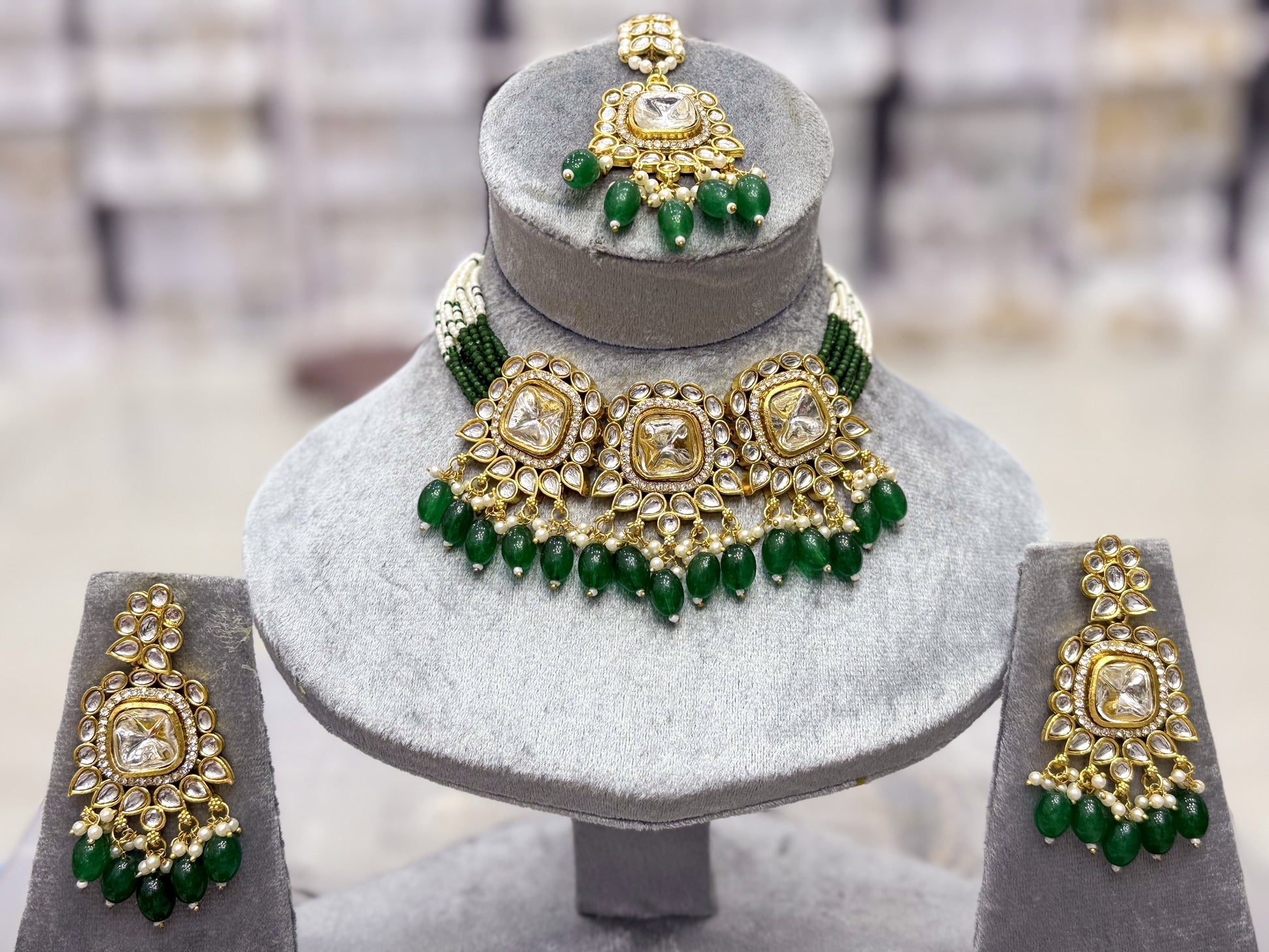 THREE-CROWN KUNDAN BEADED EMPRESS NECKLACE SET