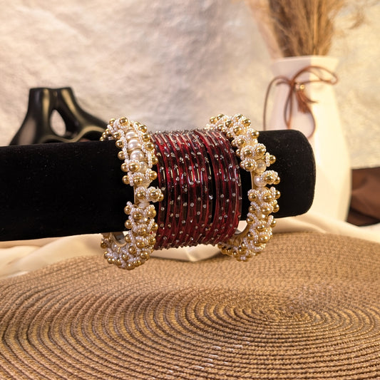 maroon glass and golden pearl ghungroo bangles