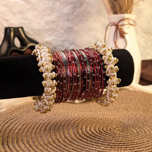 maroon glass and silver metal mix bangles