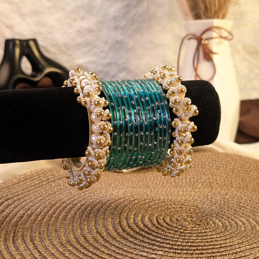 cyan glass and golden pearl ghungroo bangles