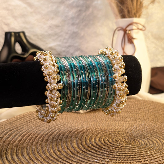 cyan glass and silver metal fusion bangles