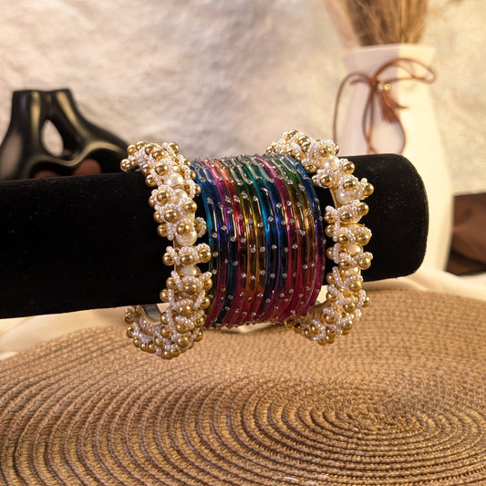 multi color glass and golden pearl ghungroo bangles