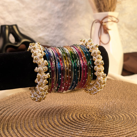 multi color glass and silver metal fusion bangles