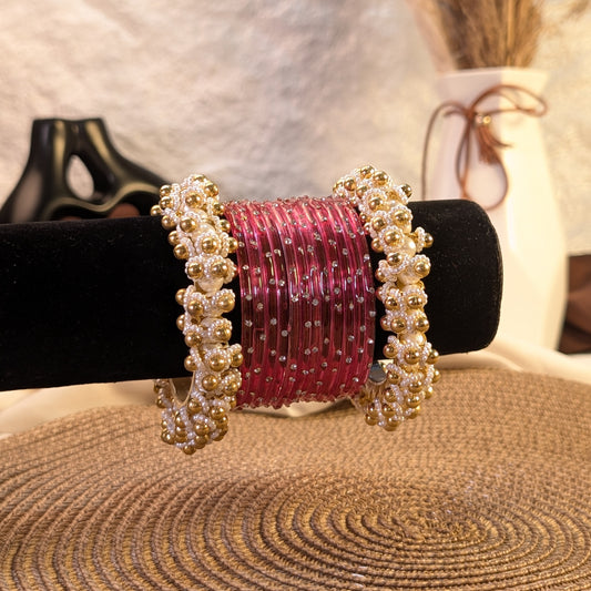 pink glass and golden pearl ghungroo bangles