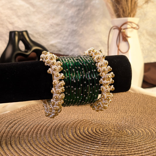 emerald glass and golden pearl ghungroo bangles
