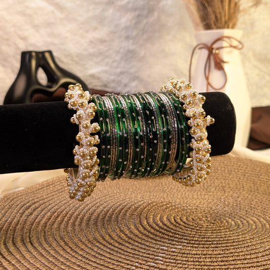 emerald glass and silver metal fusion bangles