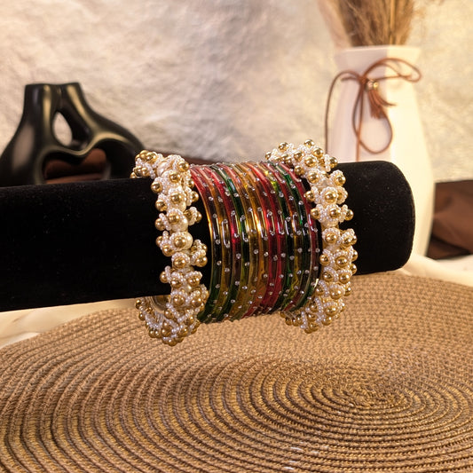 golden rainbow glass and golden pearl ghungroo bangles