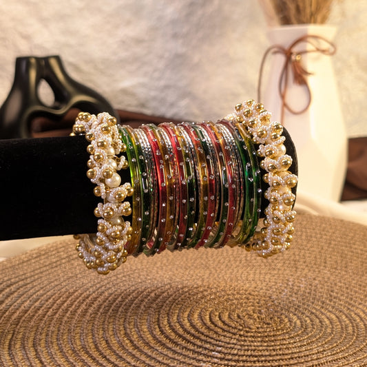 golden rainbow glass and silver metal fusion bangles