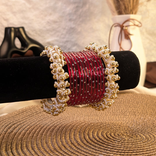 red glass and golden pearl ghungroo bangles