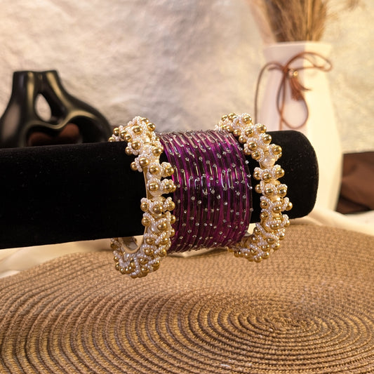 purple glass and golden pearl ghungroo bangles
