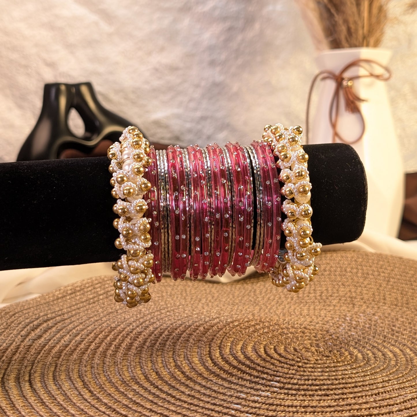 pink glass and silver metal mix bangles