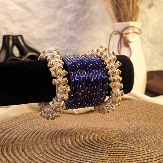 royal purple glass and golden pearl ghungroo bangles