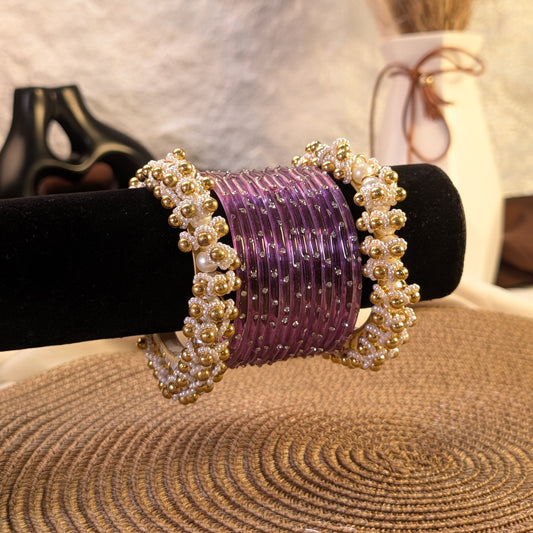 lavender glass and golden pearl ghungroo bangles