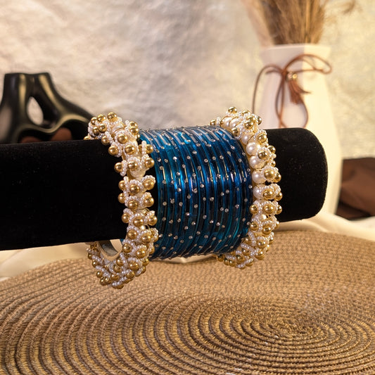 royal blue glass and golden pearl ghungroo bangles