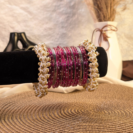 magenta glass and Silver metal fusion bangles