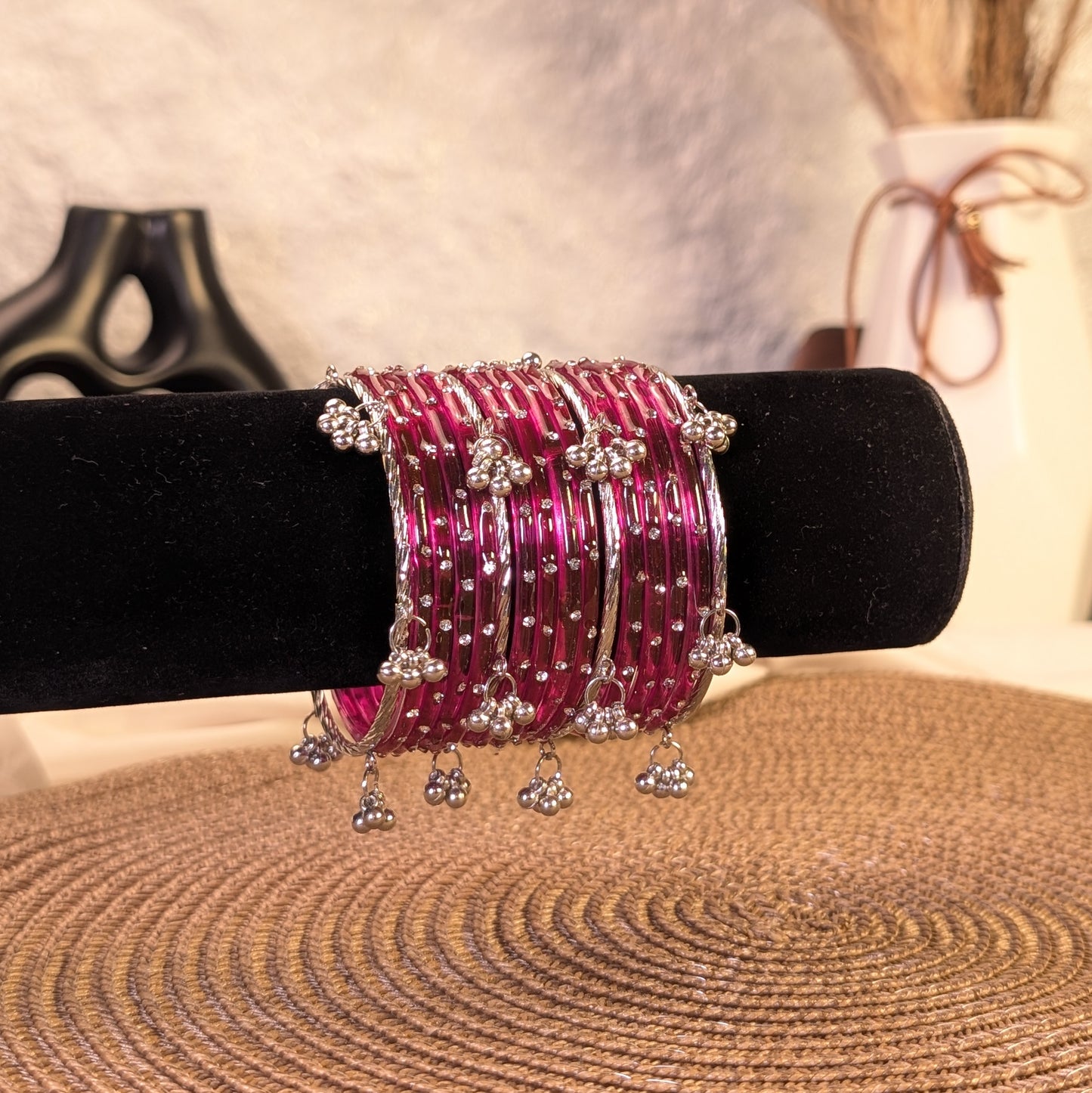 Magenta crystal glass kashmiri bangles