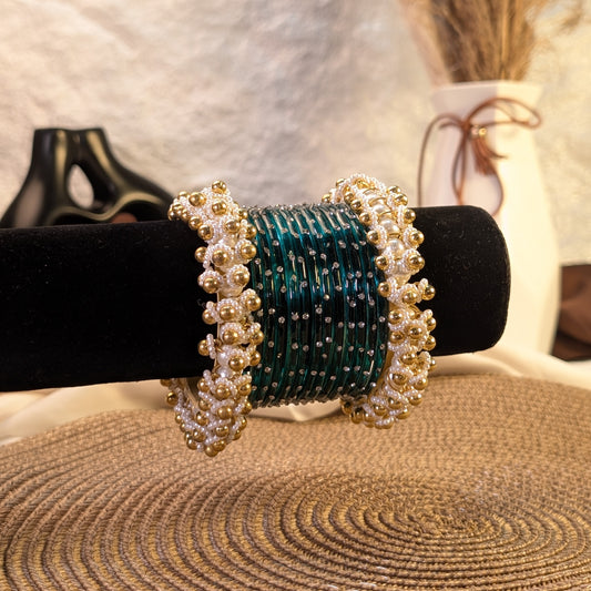 teal glass and golden pearl cluster bangles