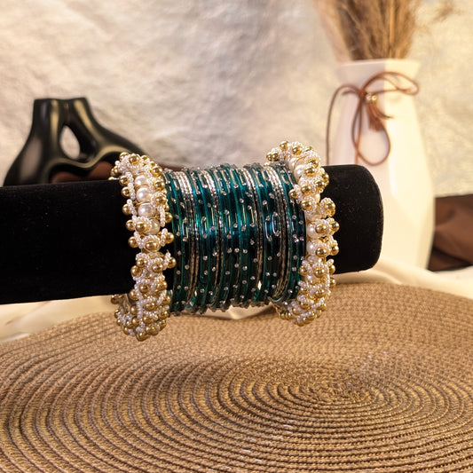 teal glass and silver metallic fusion bangles