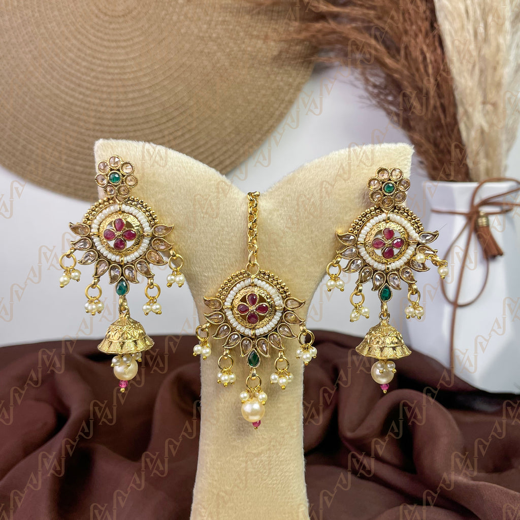 Opulent Pearl Polki Copper Earring & Tikka Set