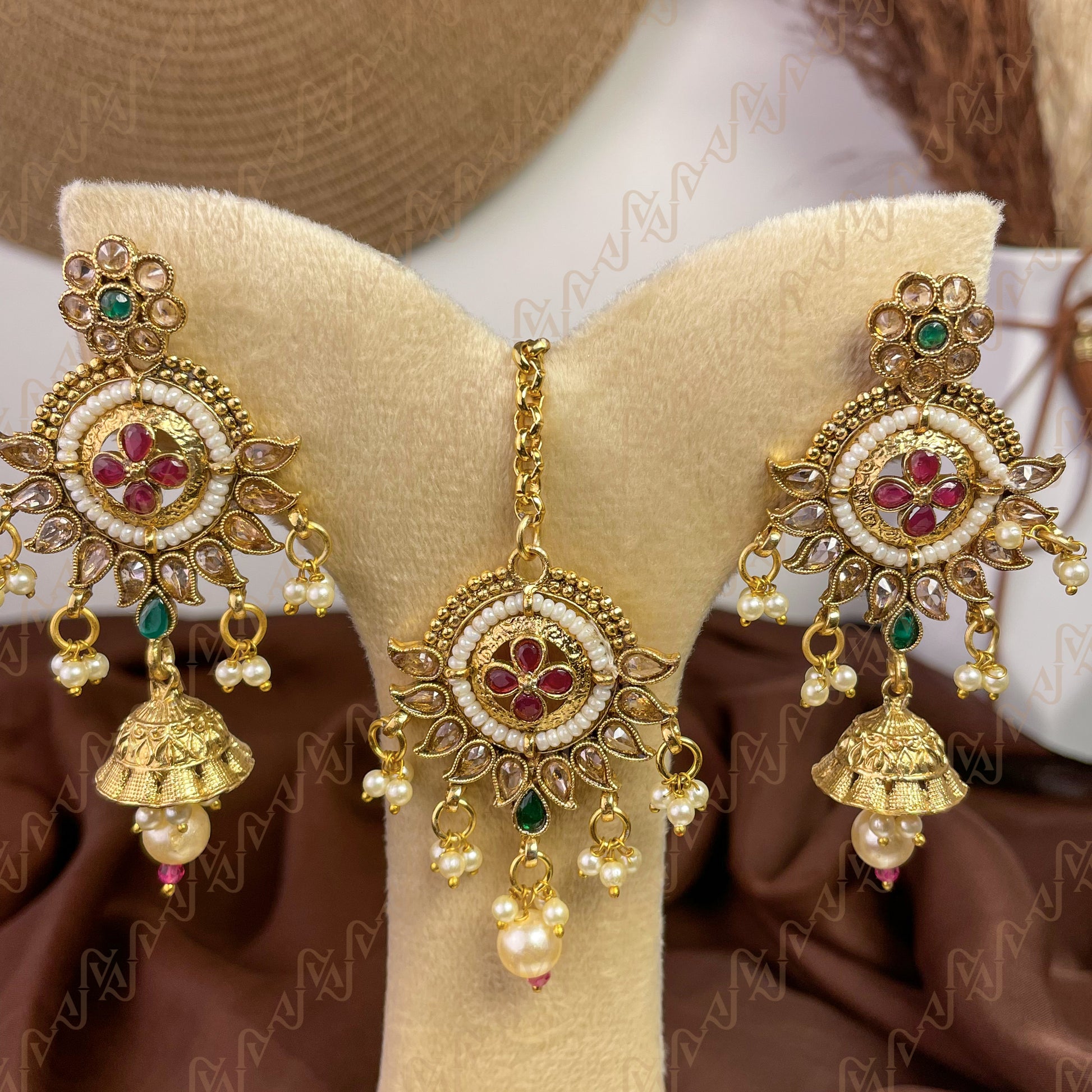 Opulent Pearl Polki Copper Earring & Tikka Set