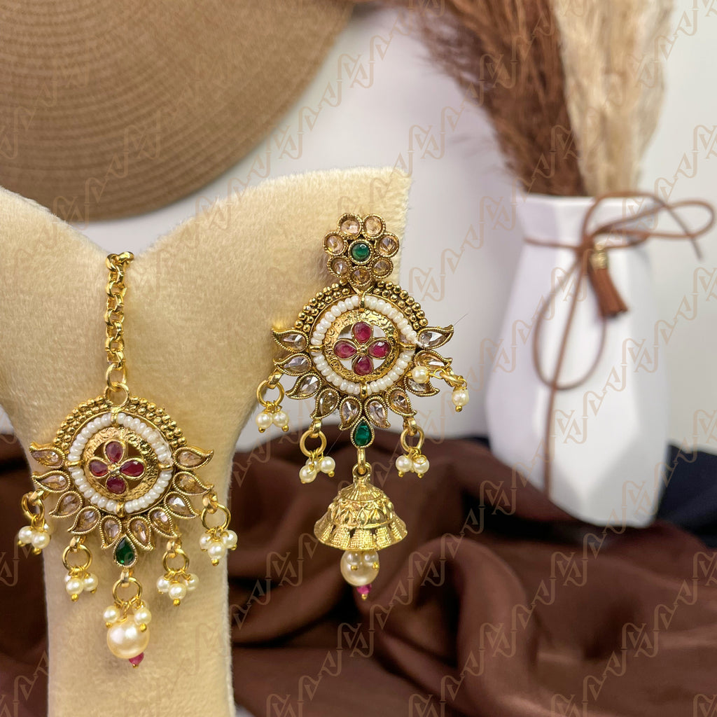 Opulent Pearl Polki Copper Earring & Tikka Set