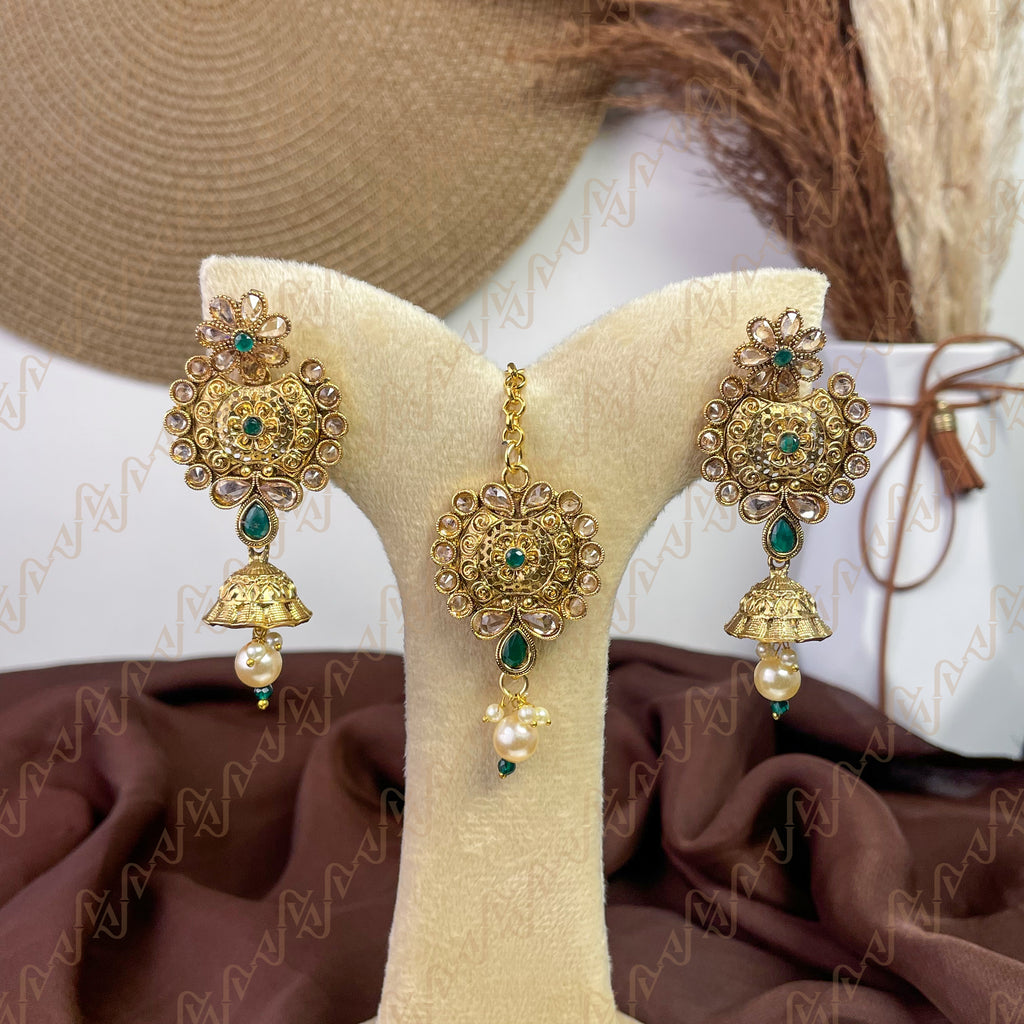 Antique Glow Polki Copper Earring & Tikka Set