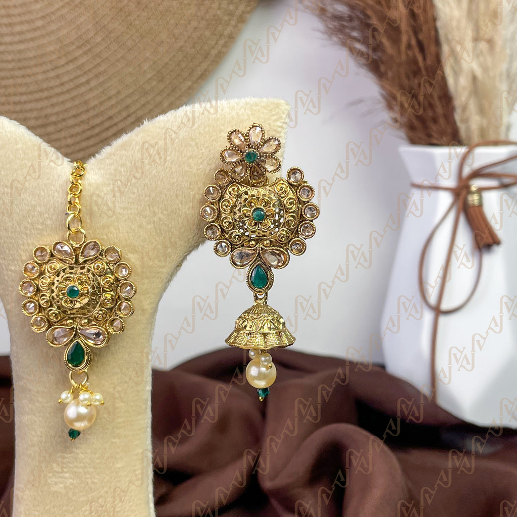 Antique Glow Polki Copper Earring & Tikka Set